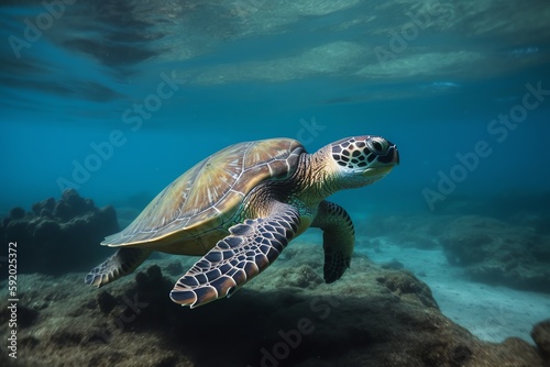 Turtle swimming in beautiful sea. Generative AI © Pixel Matrix