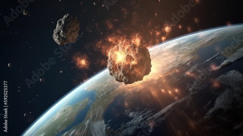 The fall of asteroids on planet earth, the end of the world. AI generated