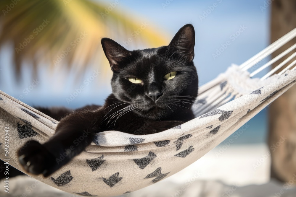 Adorable black cat lying on a hammock on a beach. High quality generative ai