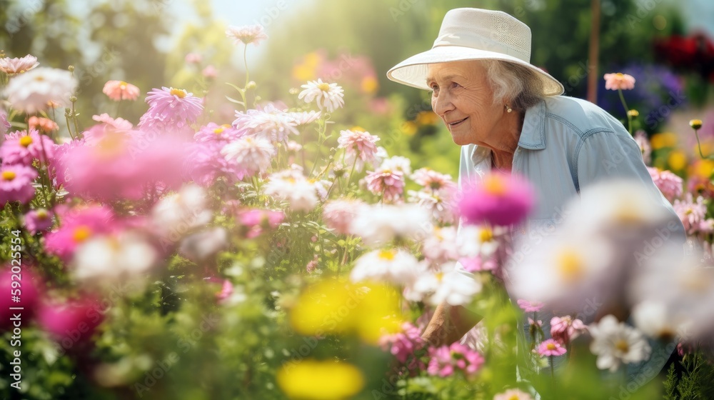 A single elderly person happily tending to their vibrant flower garden, offering a large space to the right for text and a pastel background that highlights the joy of garden. Generative ai.