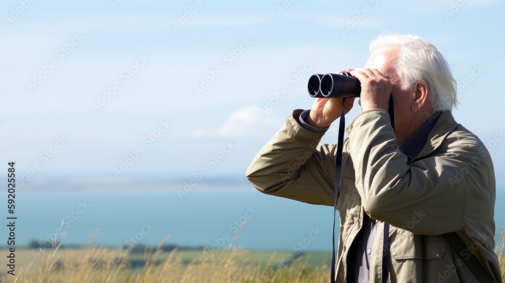 An elderly individual delighting in birdwatching with a pair of binoculars, with a vast space below for text, accompanied by a pastel background that reflects the peace of nature. Generative ai.