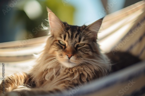 Adorable maine coon cat lying on a hammock on a beach. High quality generative ai © MVProductions