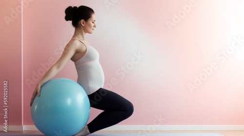 A single pregnant woman practicing prenatal yoga, providing a spacious area to the left for text, accompanied by a pastel background that promotes the benefits of staying active. Generative ai.