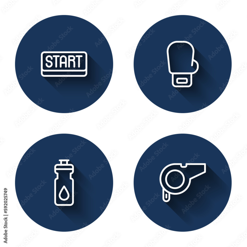 Set line Ribbon in finishing line, Boxing glove, Fitness shaker and Whistle with long shadow. Blue circle button. Vector Set line Ribbon in finishing line, Boxing glove, Fitness shaker and Whistle with long shadow. Blue circle button. Vector
