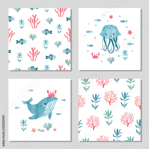Sea animals set. Collection of marine seamless patterns with watercolor fish and seaweeds