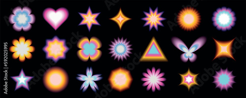 Stickers with a blurred Y2K effect. Modern abstract shapes, heart, circle, star, butterfly, flower. Vector shapes with fluids of the 90s- 2000s.