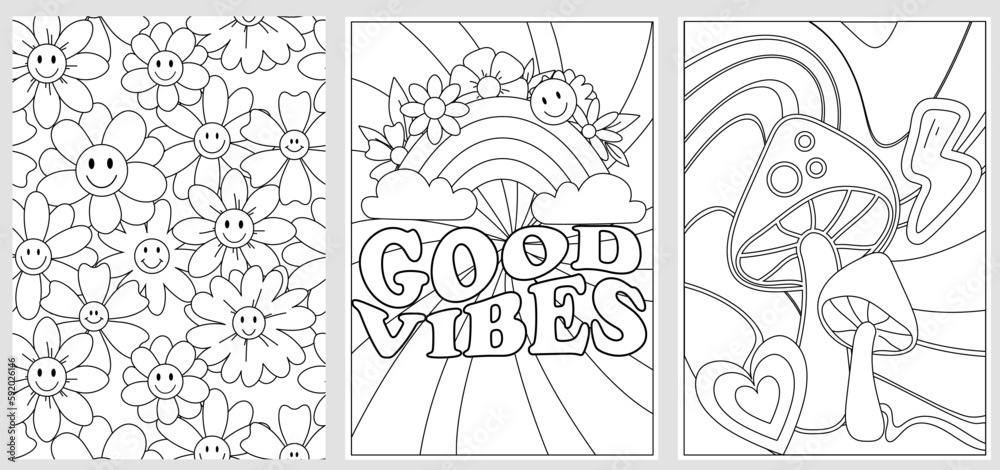 Groovy digital coloring pages set. Hippie coloring book in vintage