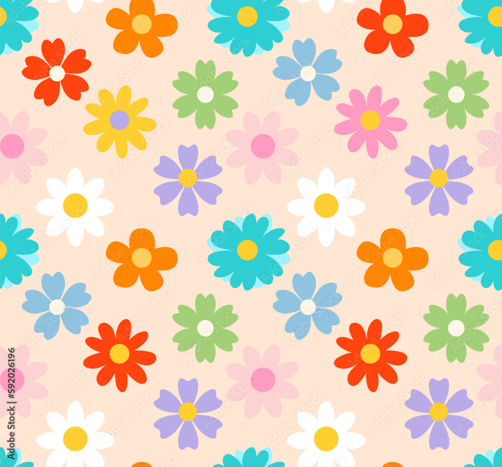 70s groovy seamless pattern with flowers. Colorful print with vintage cartoon hippie flower petals and a retro vibe. Colorful design template for summer, spring background. Vector illustration 70s groovy seamless pattern with flowers. Colorful print with vintage cartoon hippie flower petals and a retro vibe. Colorful design template for summer, spring background. Vector illustration