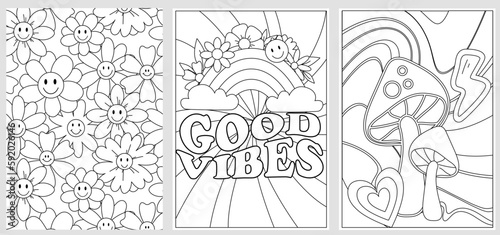 Groovy digital coloring pages set. Hippie coloring book in vintage 70s style. Geometric retro design templates with Psychedelic flowers, mushrooms, rainbow and hand drawn elements. Vector illustration