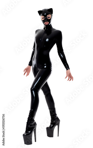 Beautiful Woman in Latex Catsuit with Mask and Collar