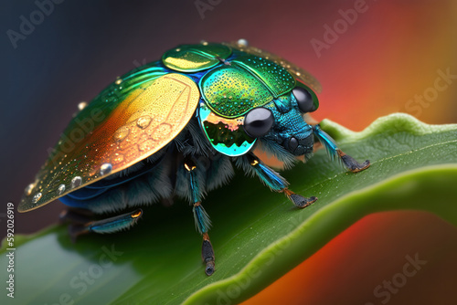 Green bug sitting on leaf with drops of water on it. Macro. Generative AI
