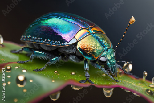 Green bug sitting on leaf with drops of water on it. Macro. Generative AI