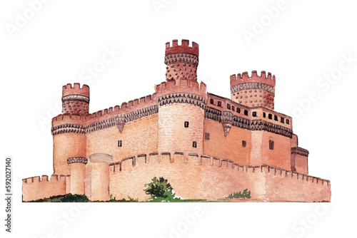 beautiful watercolor illustration manzanares real castle spain hand drawn photo