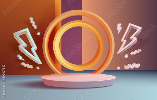 Scene mega sale, the lightning symbol, super offer podium banner, minimal pedestal. Vector illustration