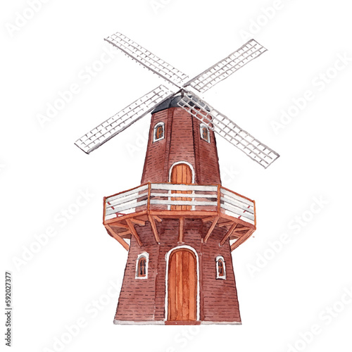 beautiful watercolor illustration vector hand drawn windmill