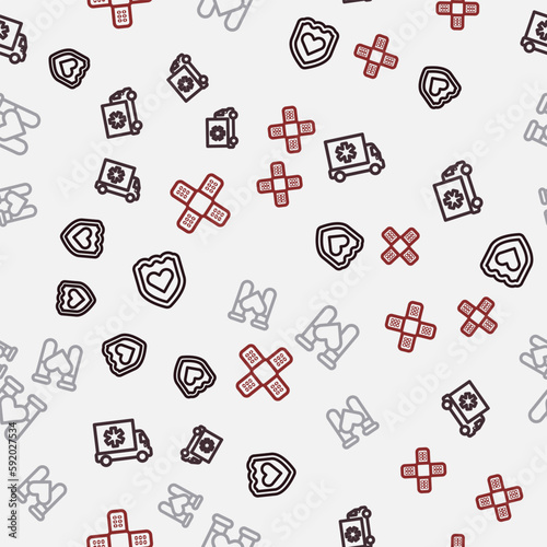 Set line Immune system, Ambulance car, Test tube with blood and Crossed bandage plaster on seamless pattern. Vector