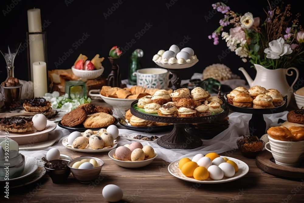  a table filled with plates of food and a vase with flowers in it and a vase of flowers in the middle of the table with eggs and other foods on the table.  generative ai