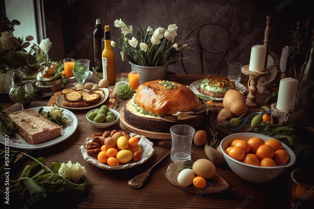 a table topped with plates of food and bowls of fruit next to a vase filled with flowers and candles and candles on top of the table. generative ai a table topped with plates of food and bowls of fruit next to a vase filled with flowers and candles and candles on top of the table. generative ai