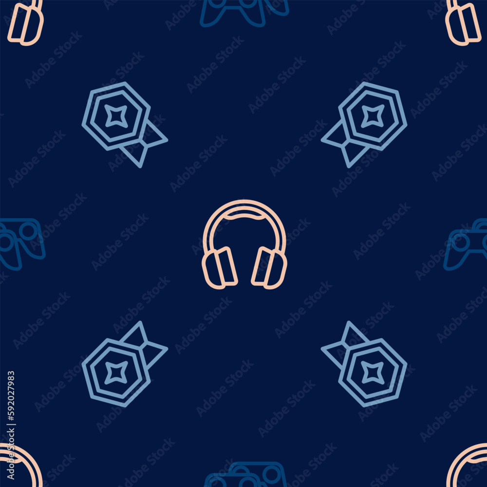 Set line Game controller or joystick, rating with medal and Headphones on seamless pattern. Vector Set line Game controller or joystick, rating with medal and Headphones on seamless pattern. Vector