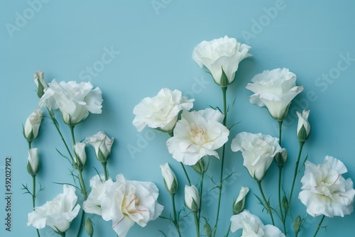  a bunch of white flowers on a blue background with a few stems in the middle of the picture and one of the stems is still blooming. generative ai