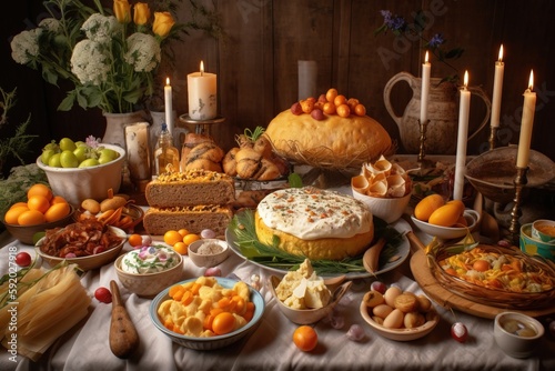  a table topped with lots of different types of food and candles on top of a table covered in fruit and bread and other food items.  generative ai