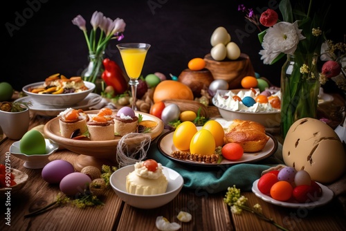  a table topped with lots of different types of food and desserts next to a vase of flowers and a glass of orange juice on a table. generative ai