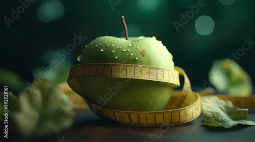 Apple and meter on dark background, weight loss concept. Al generated