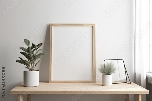 Wallpaper Mural Empty white frame mock up on wall. Modern scandinavian style interior with wooden furniture. Blank for template with copy space. Created with Generative AI Torontodigital.ca