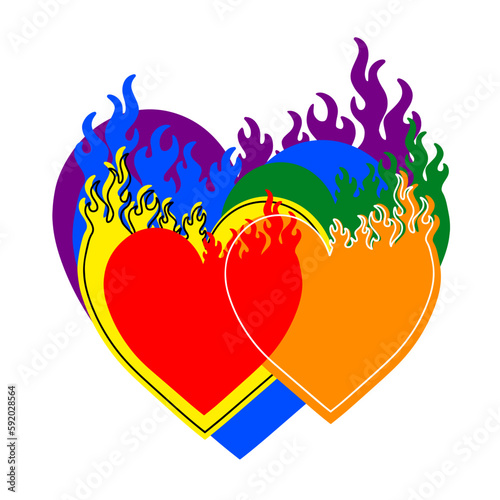 Burning hearts,color of the homosexual rainbow flag, lgbt lgbtq community, gay symbol,Pride parade, isolated,linear drawn art, shirt print,poster,card,colorful banner, illustration,burn,fire