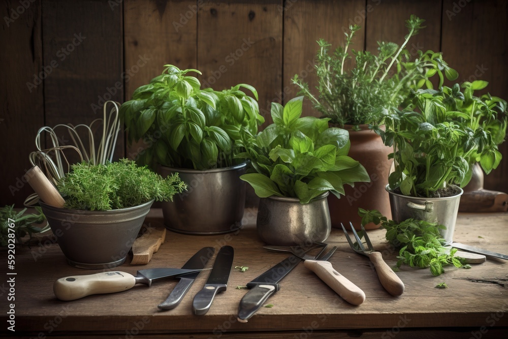  a table topped with potted plants next to a knife and a pair of scissors on top of a wooden table next to a potted plant.  generative ai