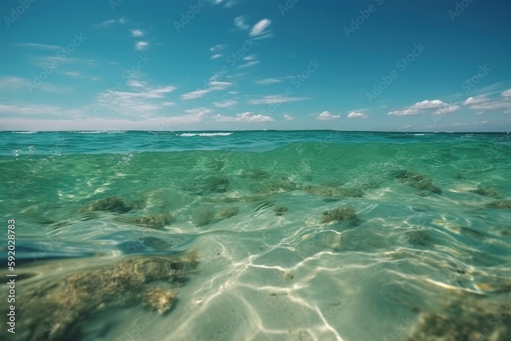  a view of the ocean from the bottom of the water, looking up at the sky and the water's surface, with small bubbles.  generative ai