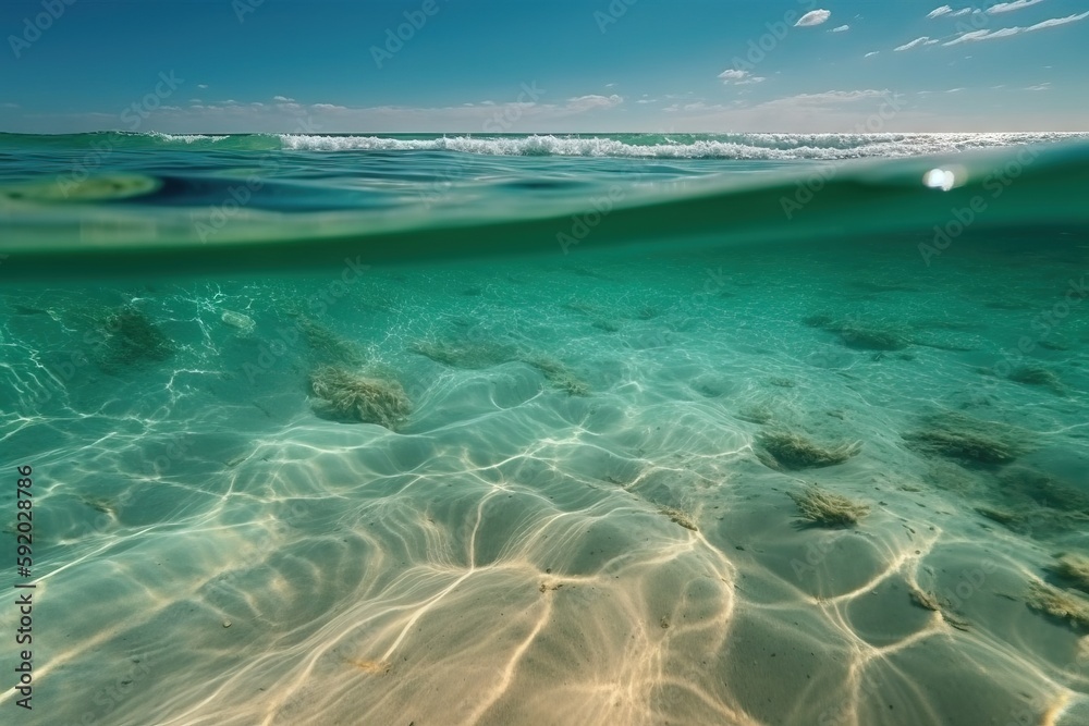 a view of the ocean from the bottom of the water, with a wave coming in to the bottom of the water, and the bottom of the water is a sandy bottom of the ocean. generative ai a view of the ocean from the bottom of the water, with a wave coming in to the bottom of the water, and the bottom of the water is a sandy bottom of the ocean. generative ai