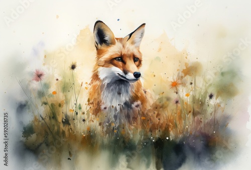 red fox vulpes in a meadow. generative ai
