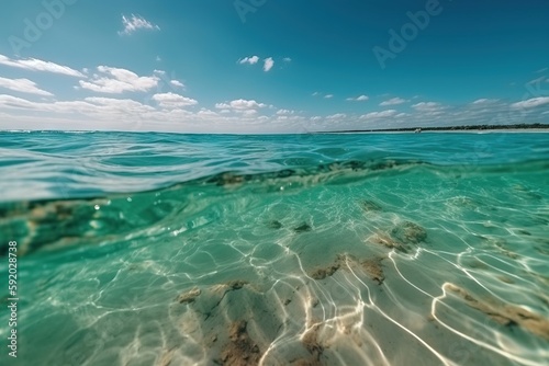  a view of the water from the bottom of the water surface, with a blue sky and clouds in the background, with a few waves coming in the foreground. generative ai