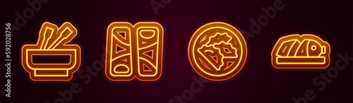 Set line Asian noodles in bowl, Guotie, Dumpling and Fish with sliced pieces. Glowing neon icon. Vector