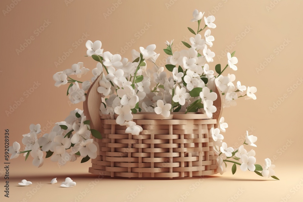  a basket filled with white flowers sitting on top of a table next to a wall with a light brown wall in the background and a basket with white flowers.  generative ai