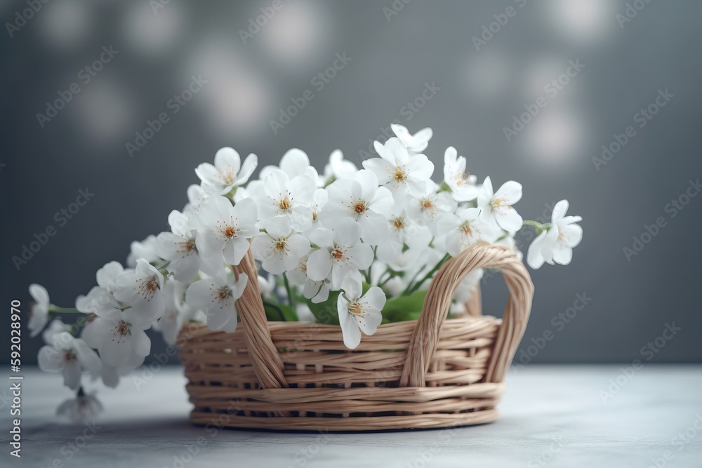  a basket filled with white flowers sitting on top of a table next to a gray wall and a gray wall in the backround.  generative ai