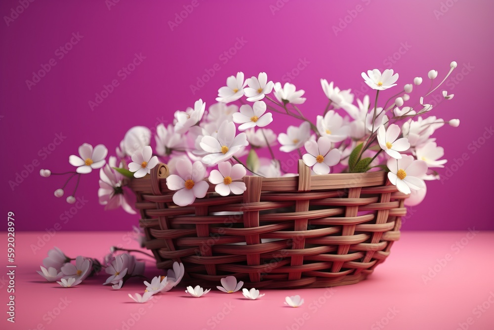  a basket filled with white flowers on top of a pink tablecloth covered table next to a purple wall and a pink background with a pink background.  generative ai