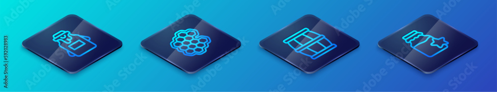 Set Isometric line Wooden barrel with honey, Jar of, and Honeycomb icon. Vector Set Isometric line Wooden barrel with honey, Jar of, and Honeycomb icon. Vector