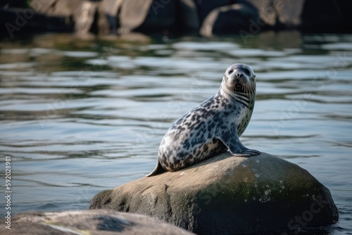 Ringed seal on a stone. Generative ai