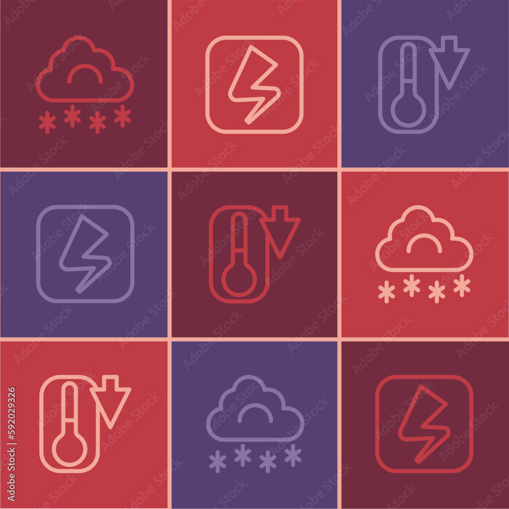 Set line Cloud with snow, Thermometer and Lightning bolt icon. Vector Set line Cloud with snow, Thermometer and Lightning bolt icon. Vector