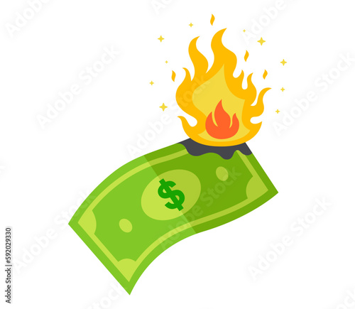 burning dollar bill. collapse of the currency. flat vector illustration.