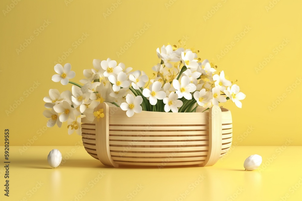  a wooden basket filled with white flowers next to an egg on a yellow surface with an egg in the middle of the basket and a few white eggs in front of the basket.  generative ai