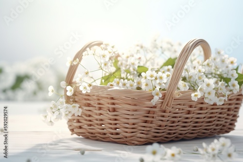 a wicker basket filled with white flowers on top of a white table cloth covered tablecloth with white flowers in the basket on top of the basket.  generative ai