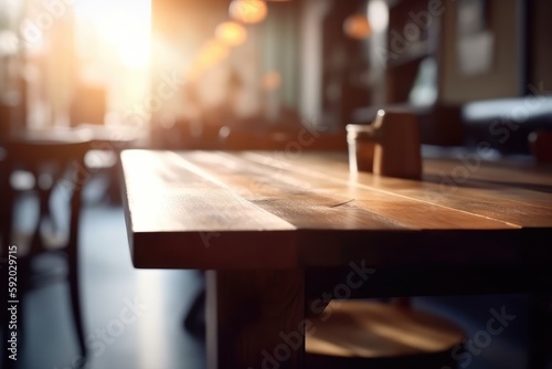 Restaurant of cafe Ambiance with blurred bokeh effect. An Empty Table with a Blurred Background to Highlight Your Product  high quality generative ai