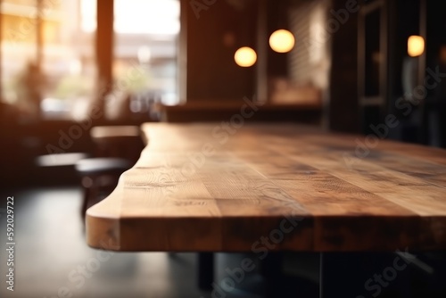 Restaurant of cafe Ambiance with blurred bokeh effect. An Empty Table with a Blurred Background to Highlight Your Product, high quality generative ai