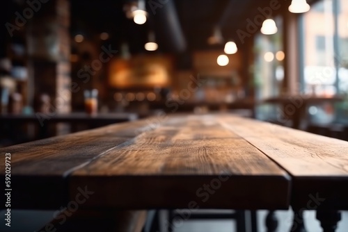 Restaurant of cafe Ambiance with blurred bokeh effect. An Empty Table with a Blurred Background to Highlight Your Product, high quality generative ai © MVProductions
