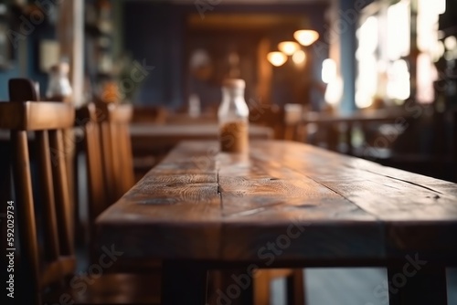 Restaurant of cafe Ambiance with blurred bokeh effect. An Empty Table with a Blurred Background to Highlight Your Product  high quality generative ai