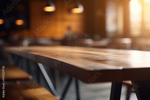 Restaurant of cafe Ambiance with blurred bokeh effect. An Empty Table with a Blurred Background to Highlight Your Product, high quality generative ai © MVProductions