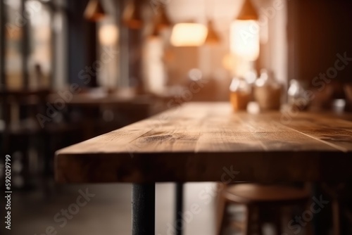 Restaurant of cafe Ambiance with blurred bokeh effect. An Empty Table with a Blurred Background to Highlight Your Product, high quality generative ai © MVProductions